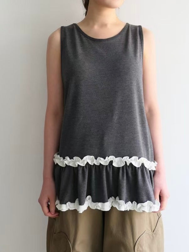 【SALE】ruffle邊棉質背心丨深綠