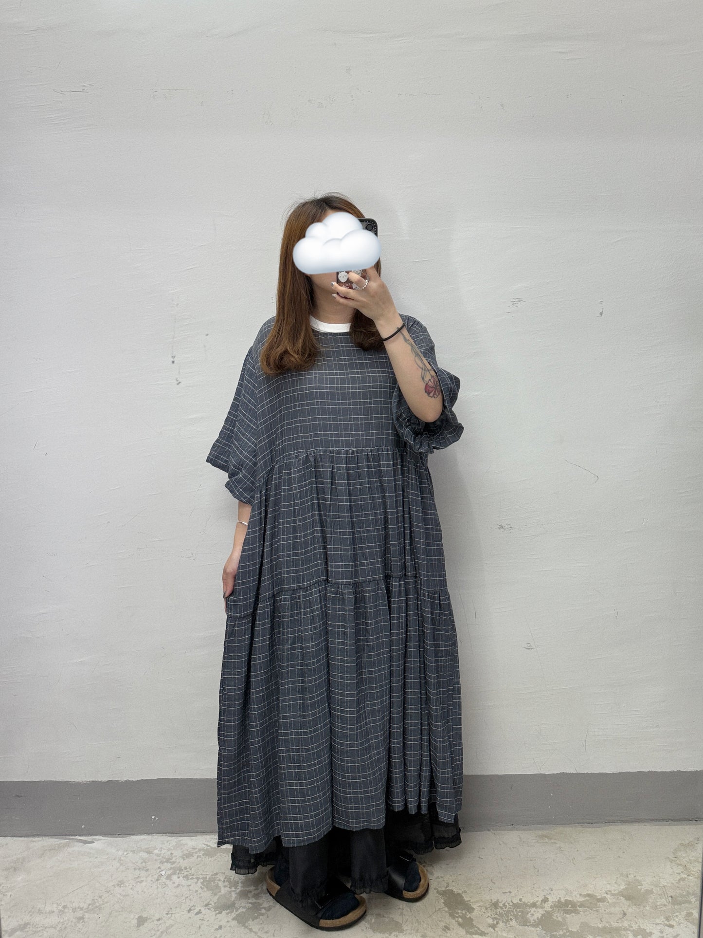 【SALE】通爽料格紋泡泡袖ops丨灰