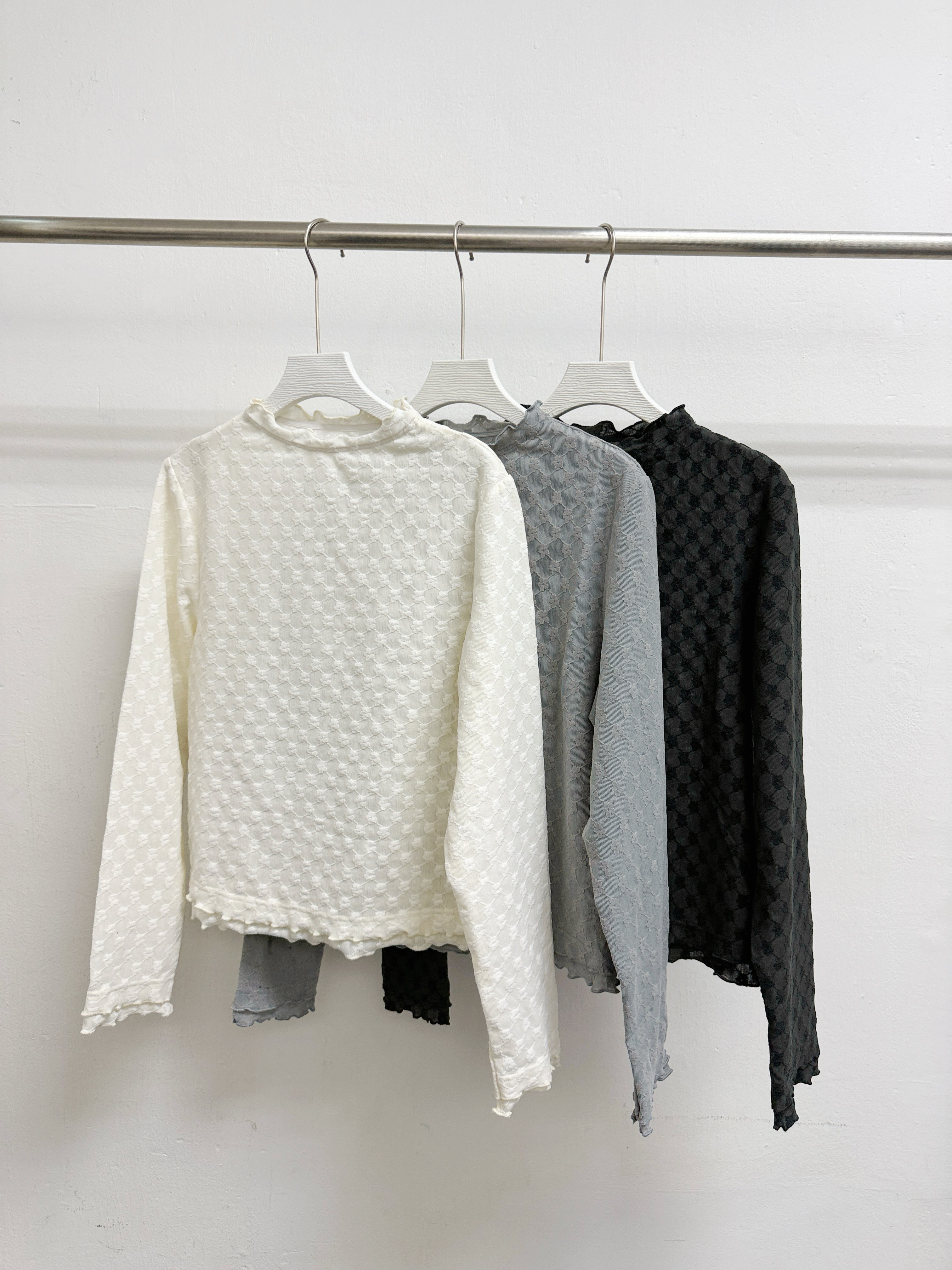 【SALE】花紋ruffle邊打底上衣丨淺灰