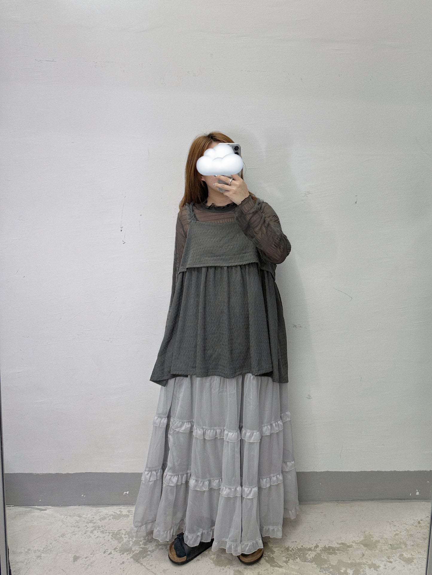 【SALE】ruffle紗紗肩帶暗紋外搭丨米白 灰藍