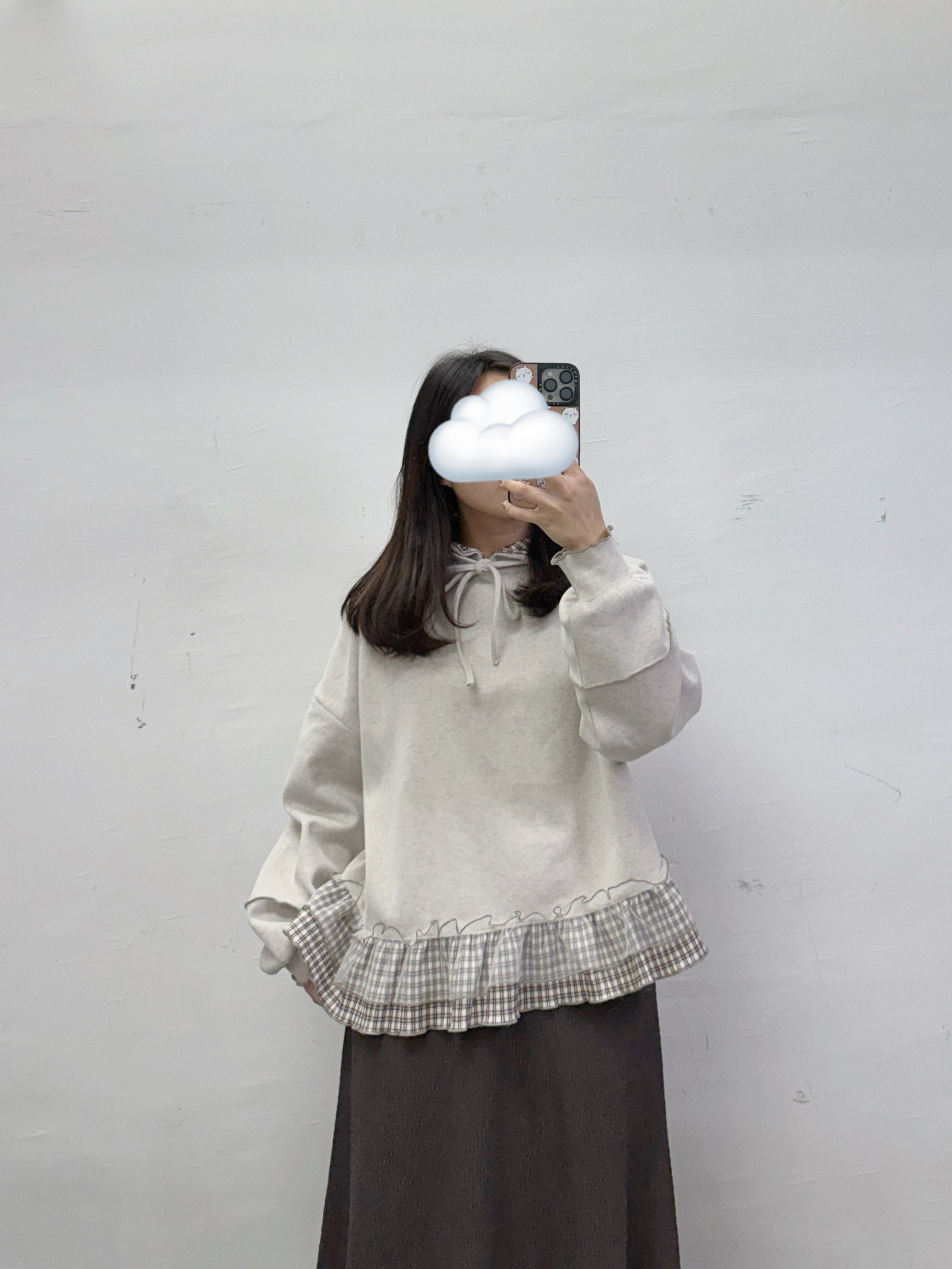 【SALE】下擺拼紗格紋有帽上衣丨藍