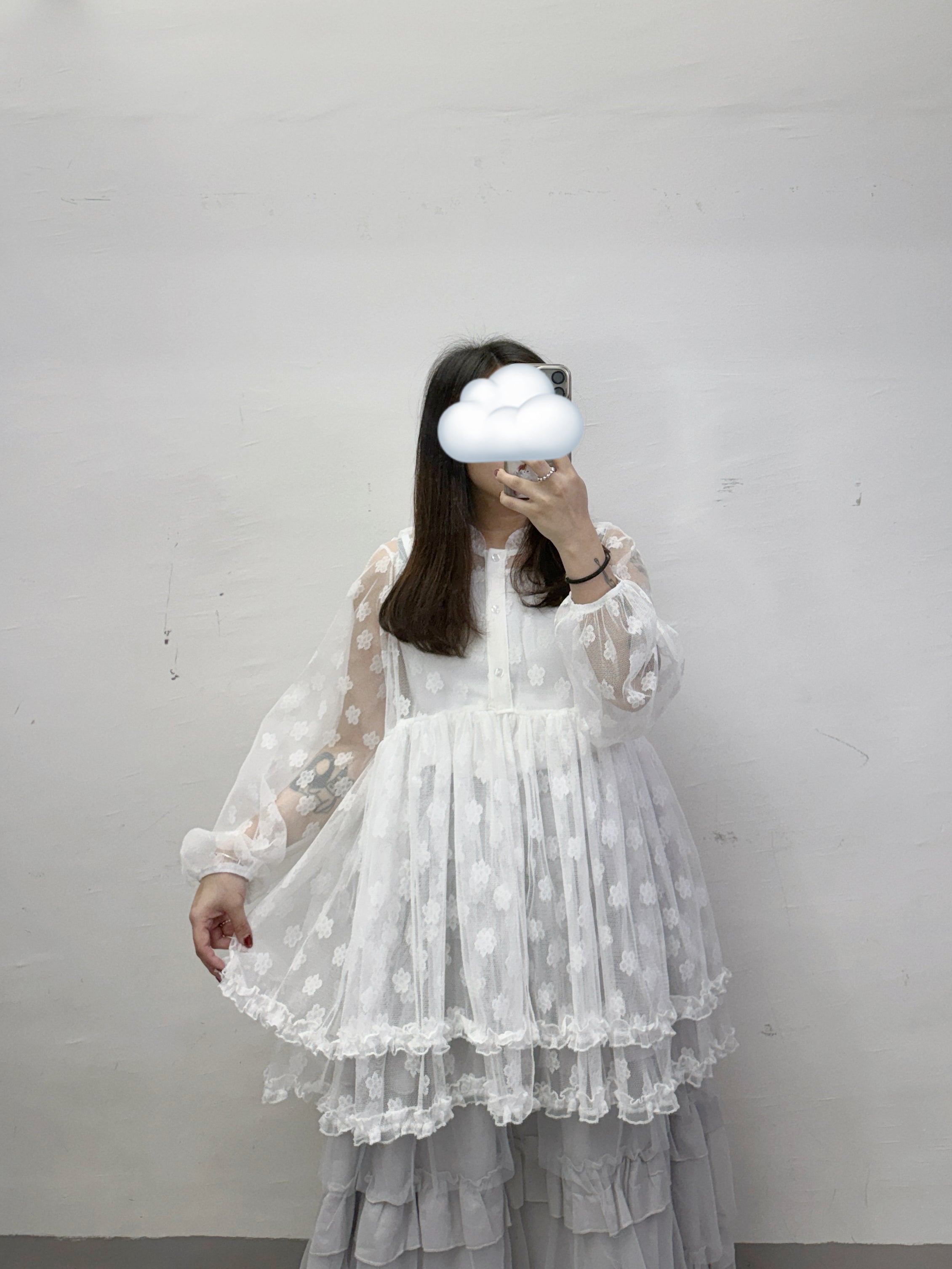 【SALE】花花紋雙層RUFFLE透紗外搭上衣丨黑