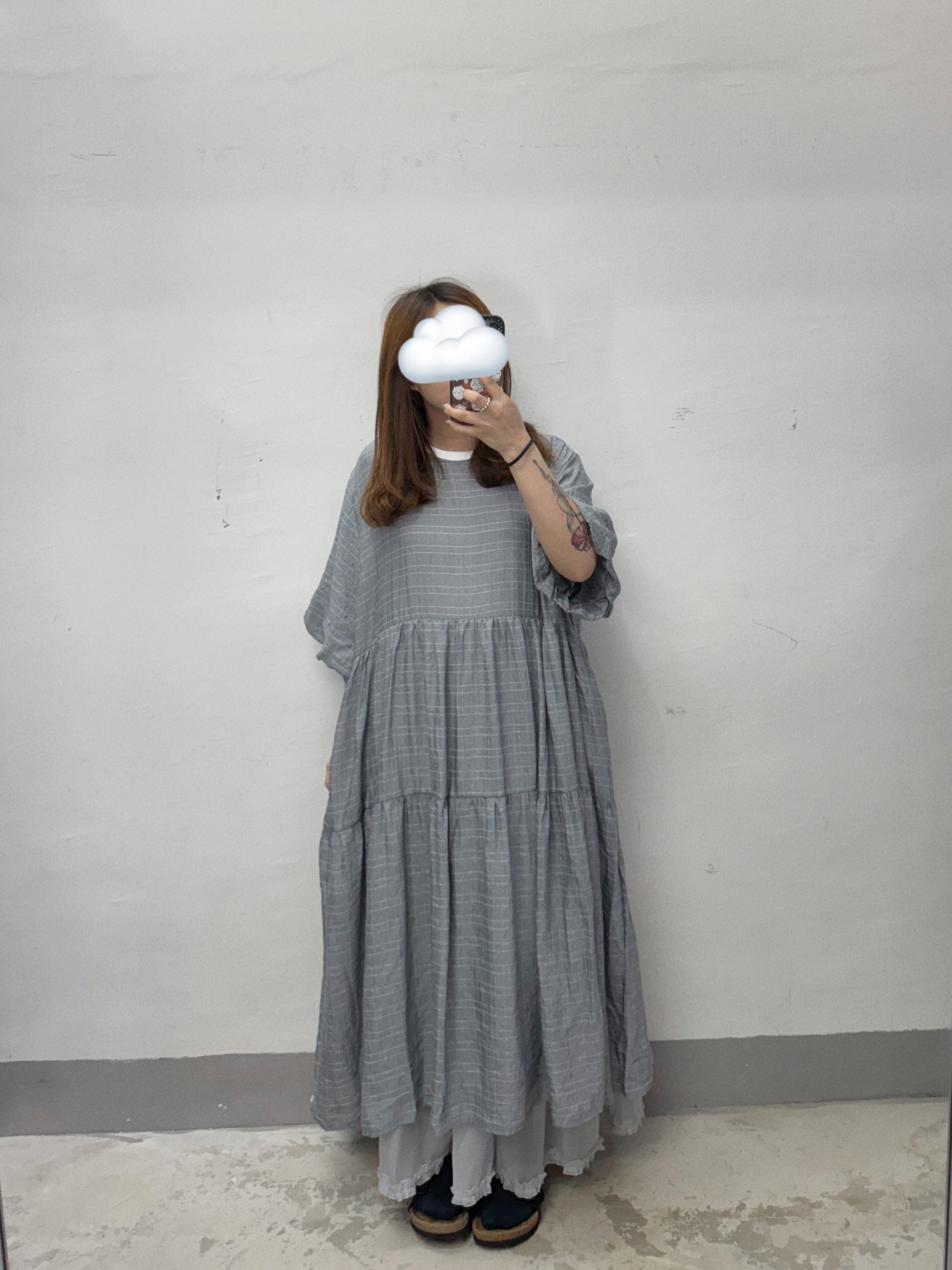 【SALE】通爽料格紋泡泡袖ops丨灰