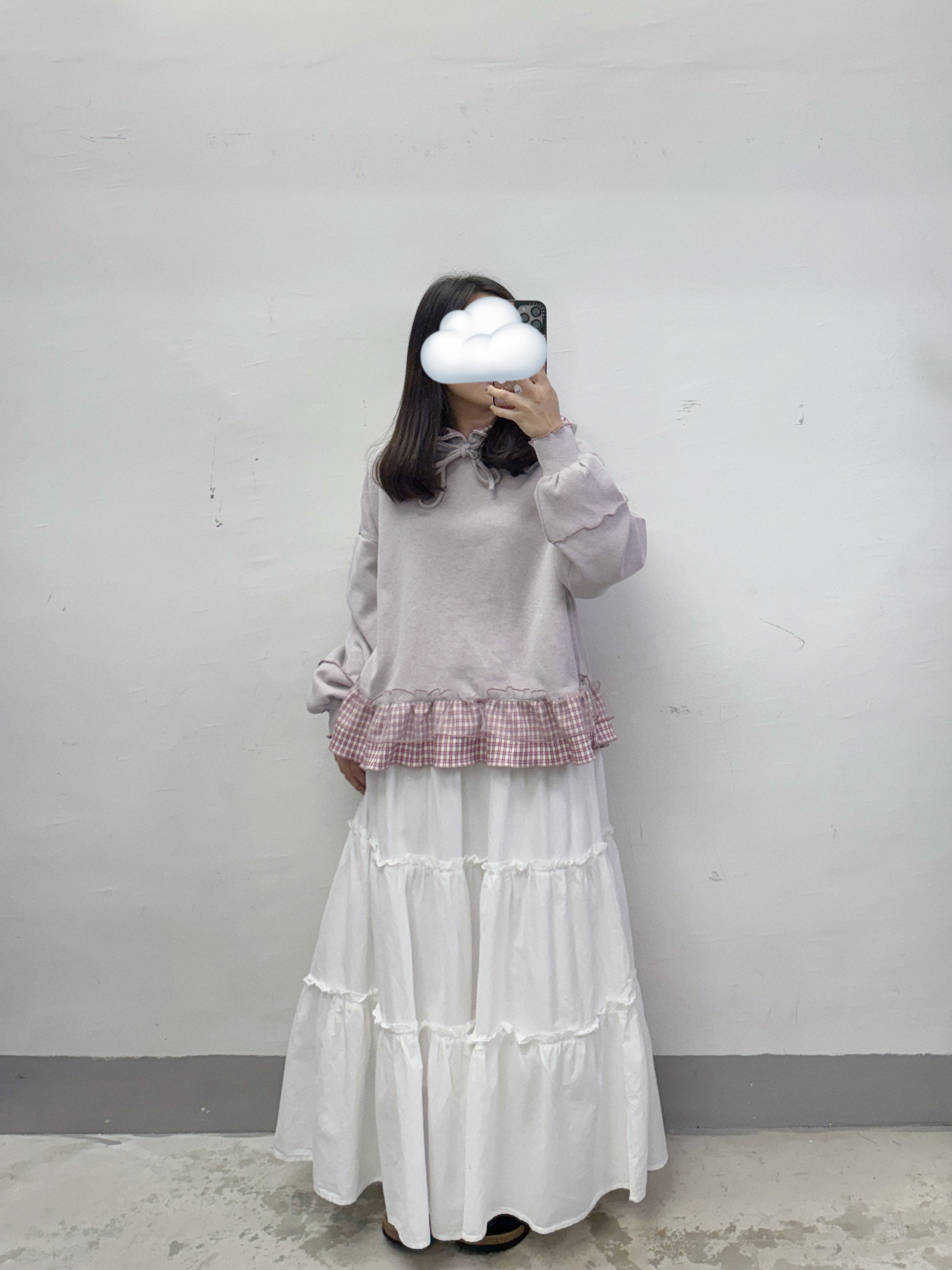 【SALE】下擺拼紗格紋有帽上衣丨藍