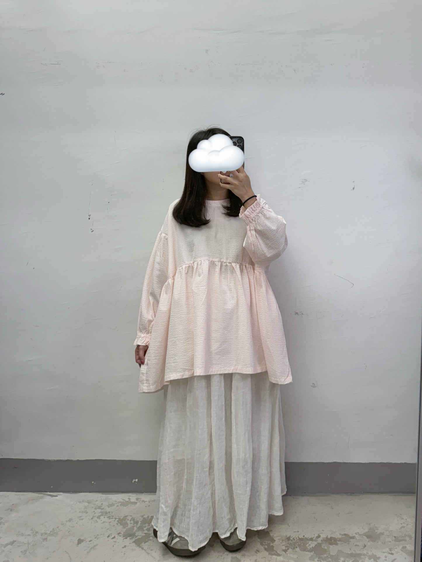 【SALE】橡筋束袖條紋娃娃上衣丨粉橙