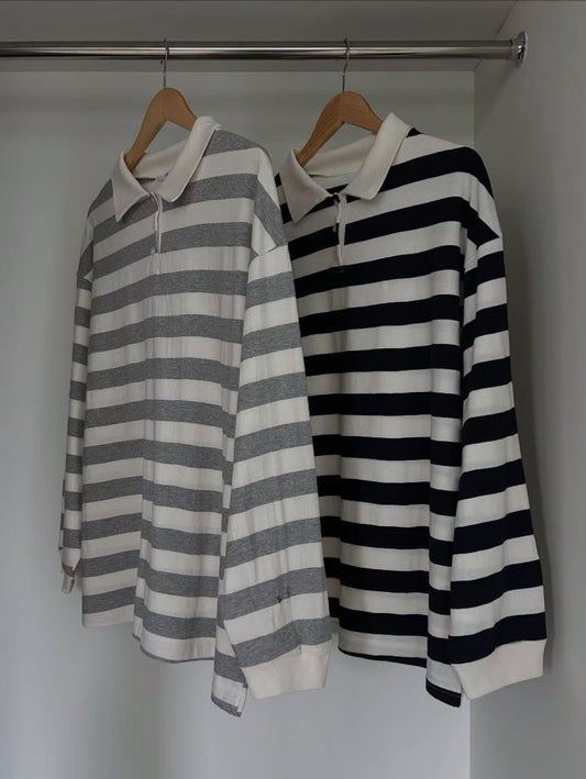 【SALE】反領條紋上衣丨灰