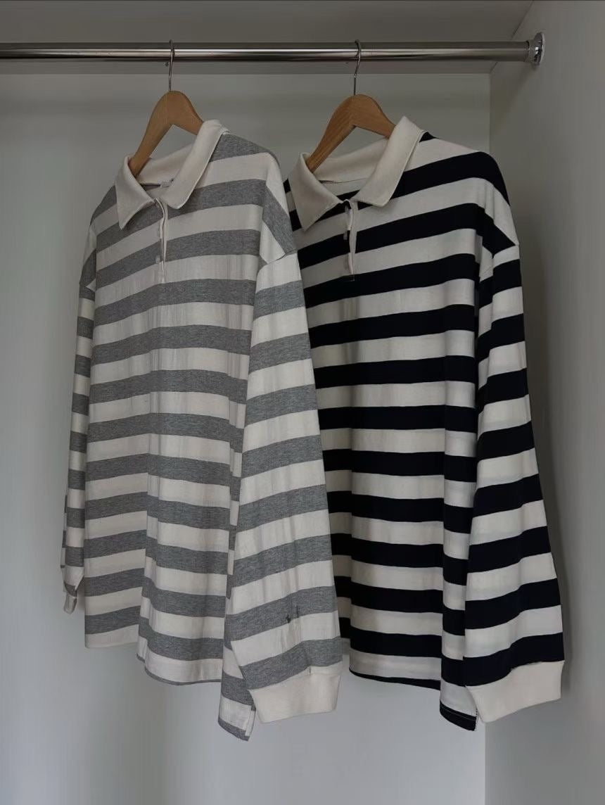 【SALE】反領條紋上衣丨灰
