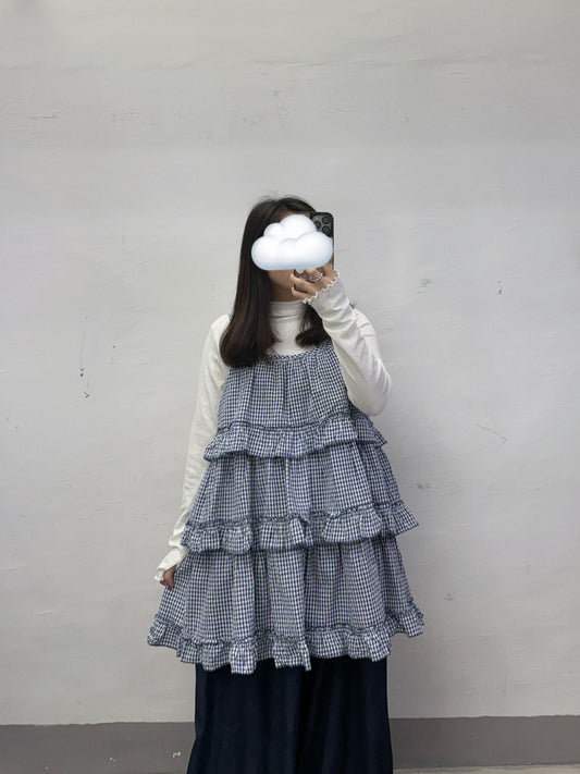 層次ruffle邊格紋中長外搭丨2 col