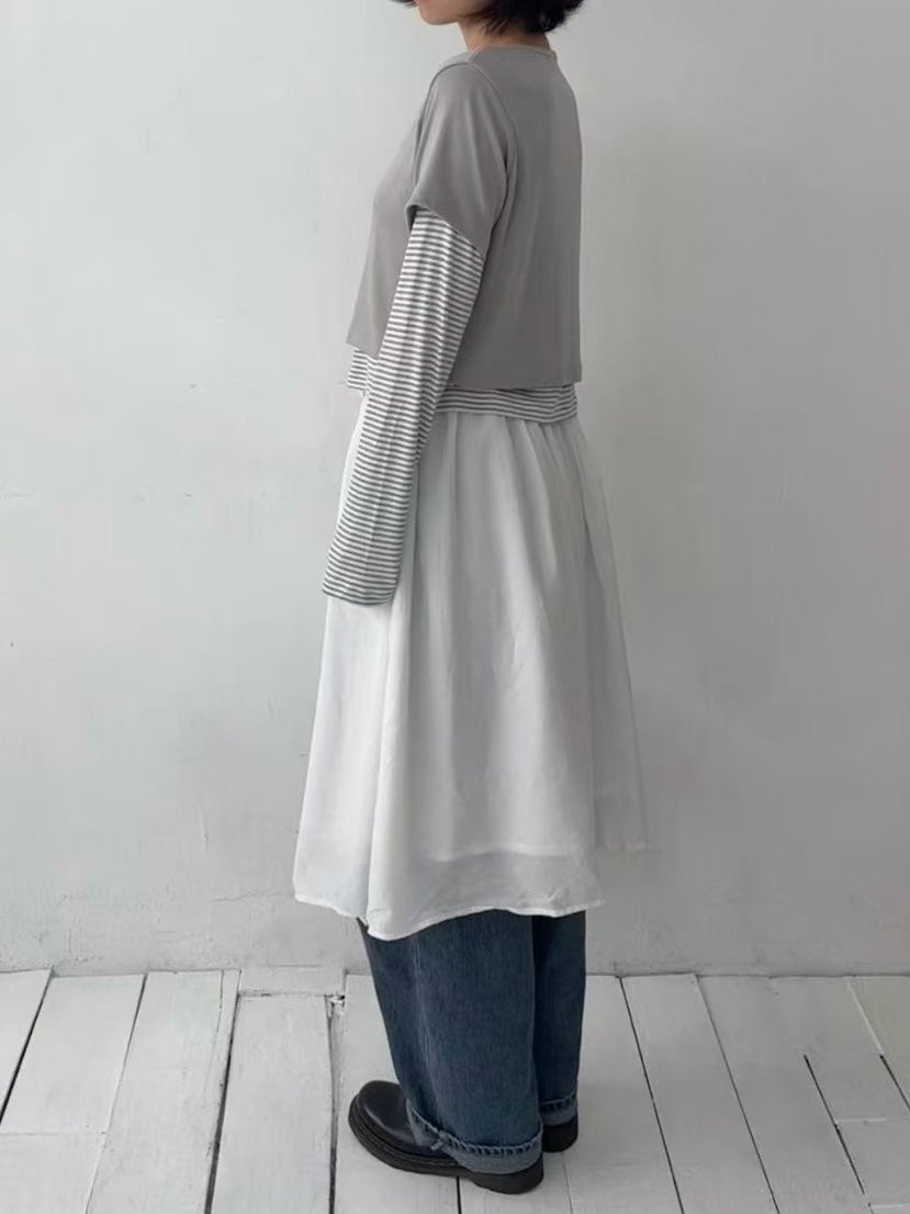 【SALE】舒服~假兩件拼條紋上衣丨3 col
