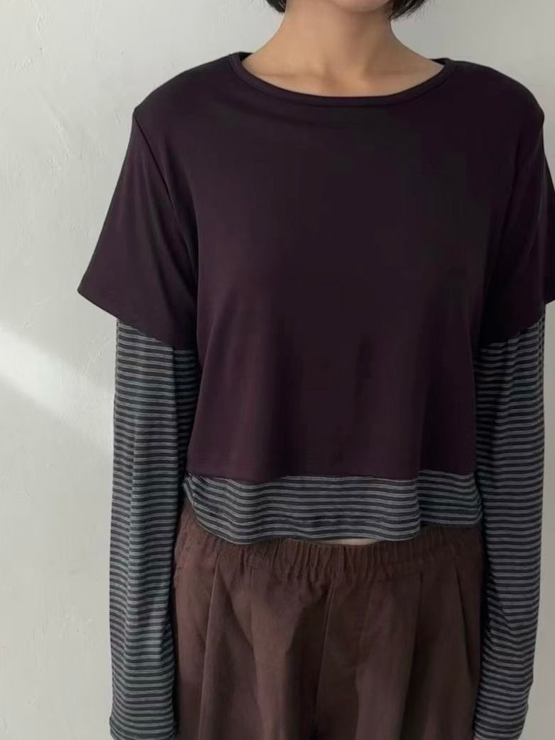 【SALE】舒服~假兩件拼條紋上衣丨3 col