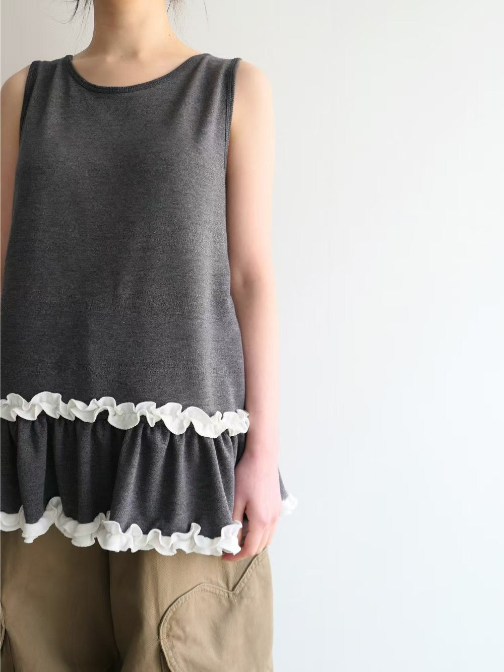 【SALE】ruffle邊棉質背心丨深綠