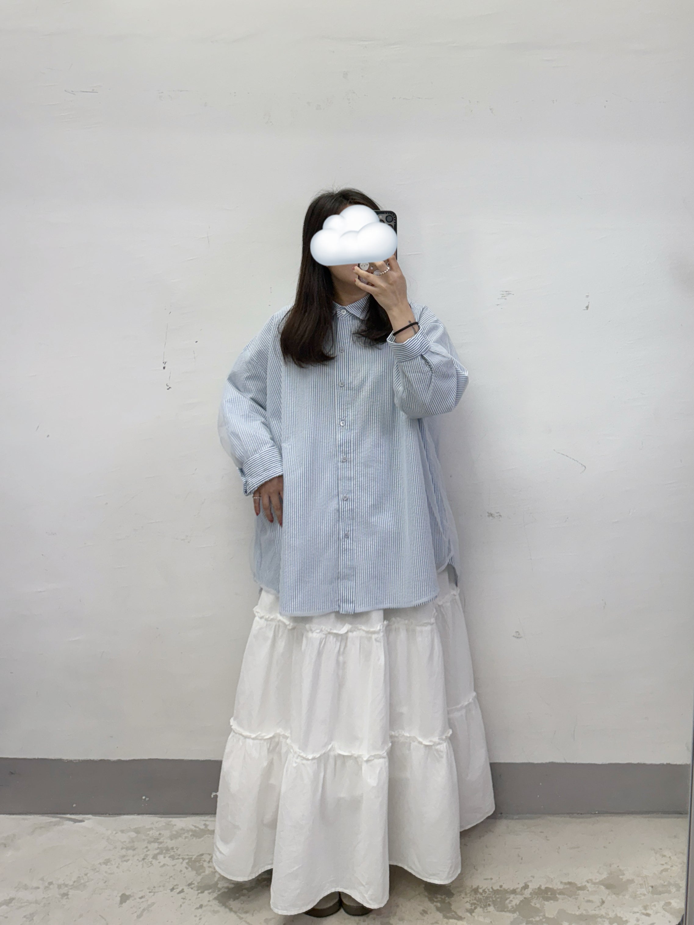 【SALE】條紋拼紗反領恤丨啡