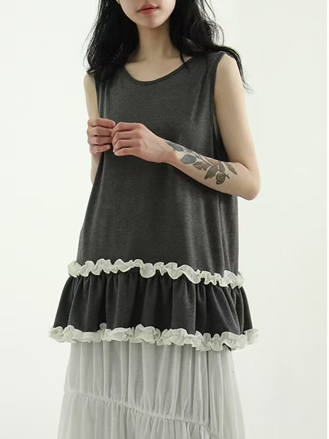 【SALE】ruffle邊棉質背心丨深綠