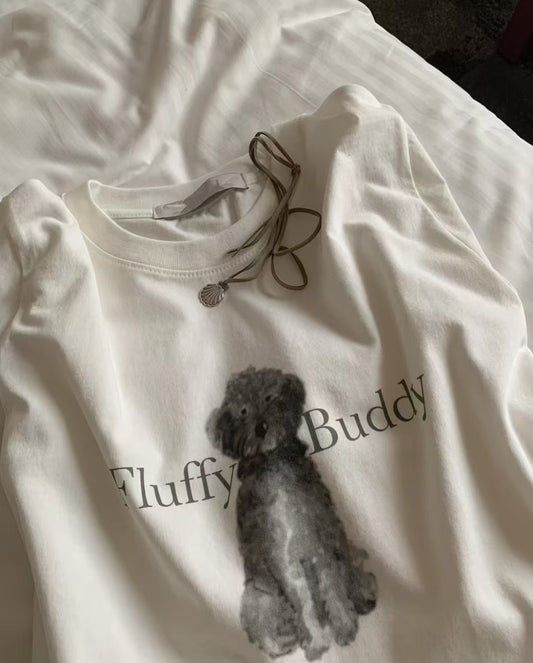 Fluffy buddy狗狗print tee丨白