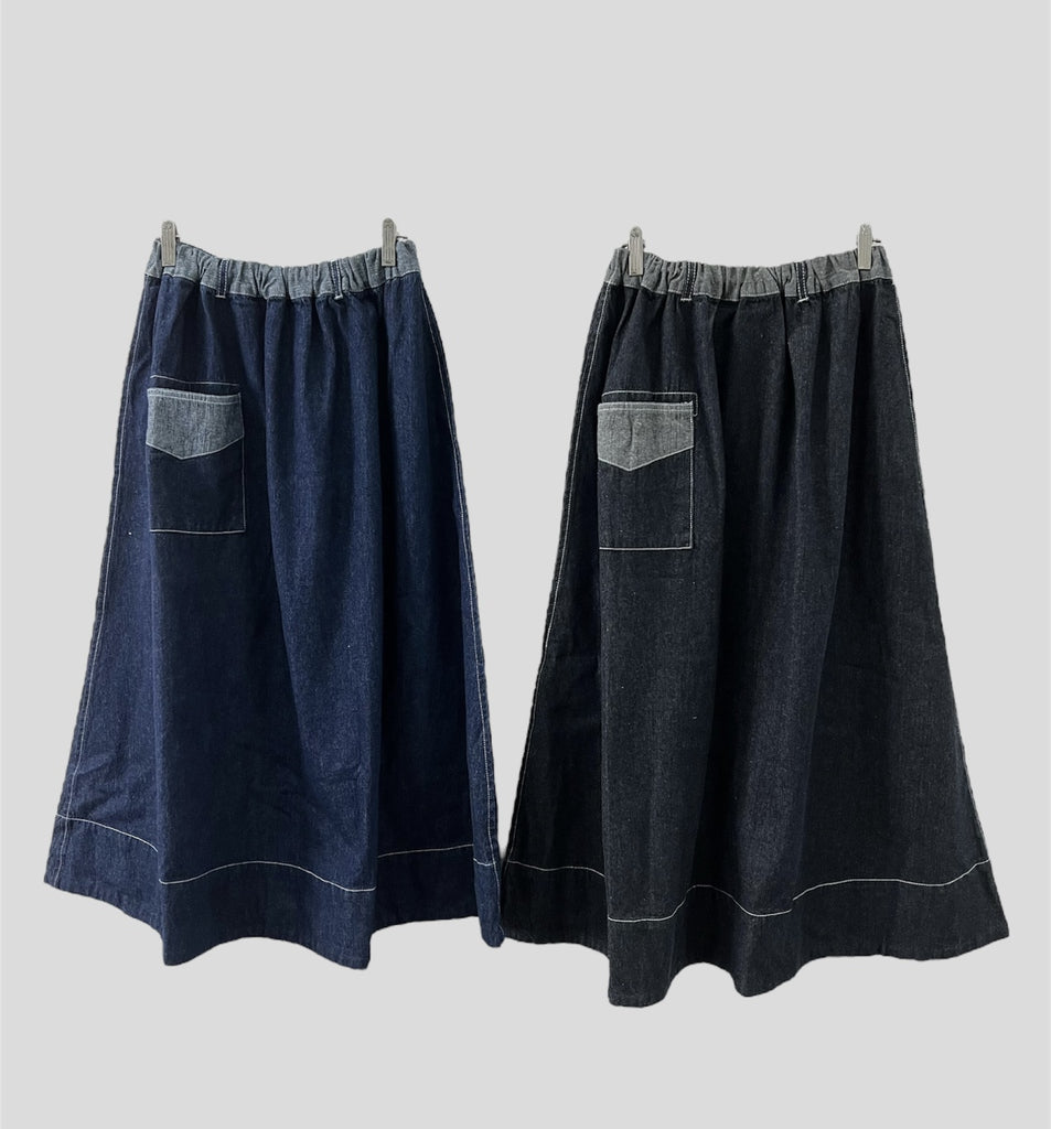 【SALE】拼色口袋牛仔半身裙|黑