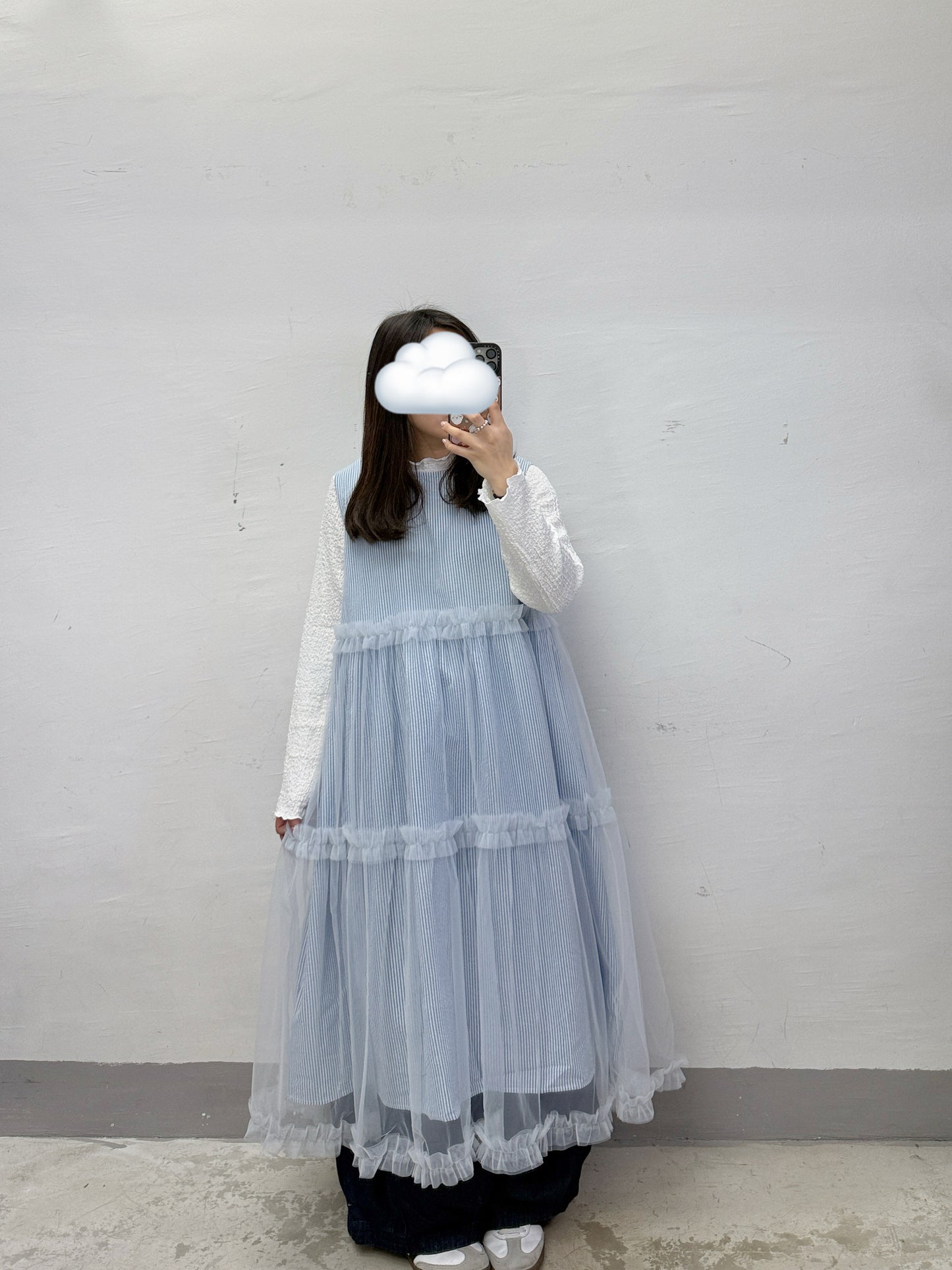 條紋拼紗ruffle邊ops丨2 col