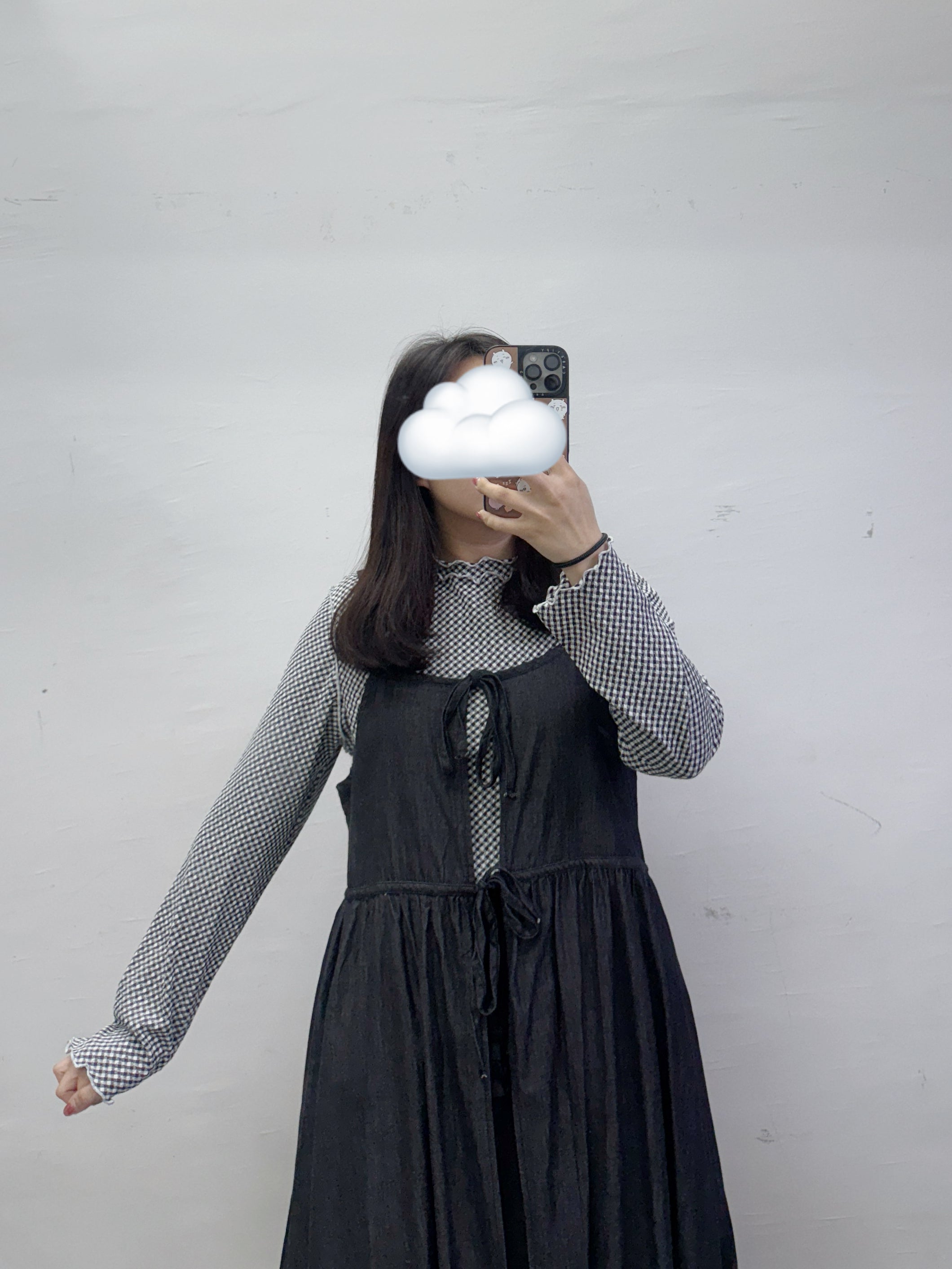 【SALE】ruffle領格紋打底top丨黑