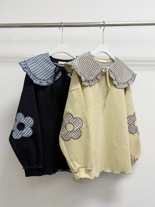 【SALE】綁帶娃娃領拼布花花袖上衣丨黃