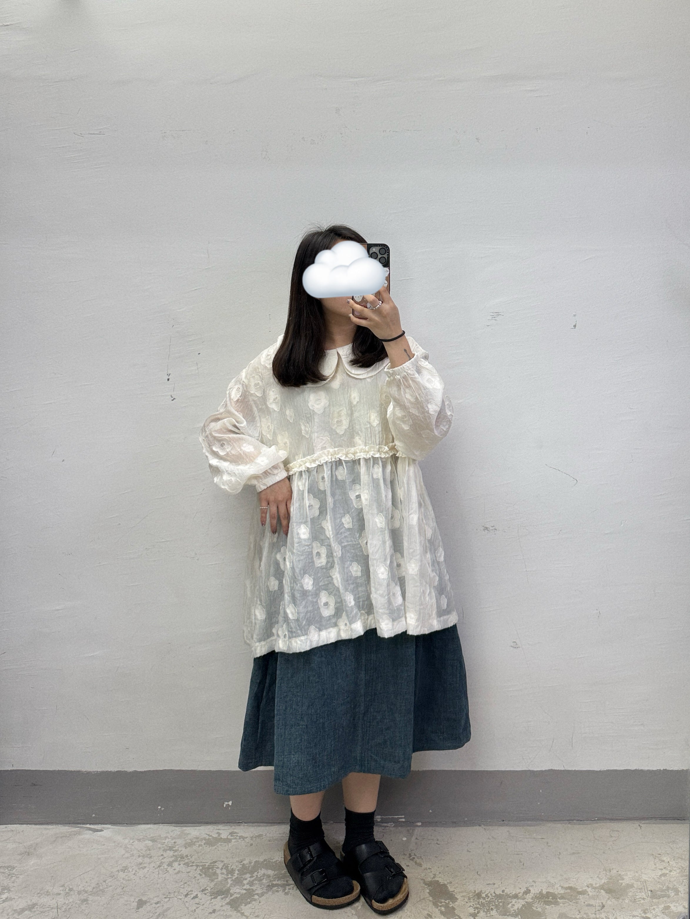 【SALE】花紋娃娃半透top丨米白