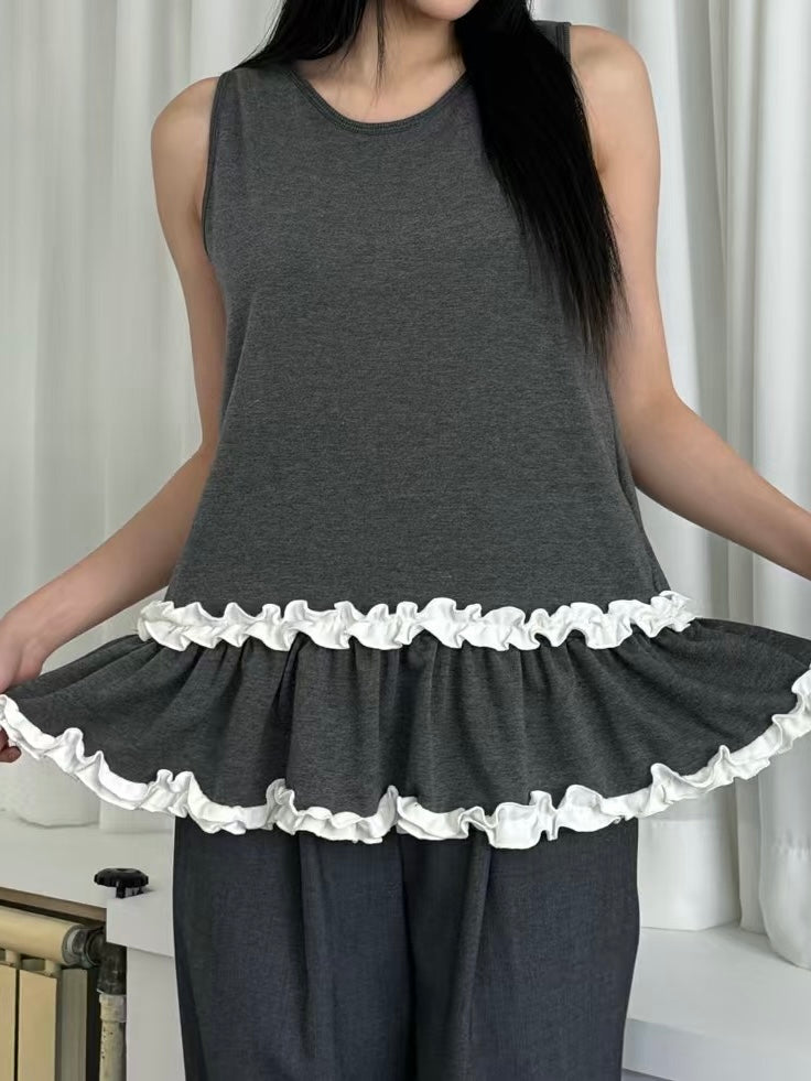 【SALE】ruffle邊棉質背心丨深綠