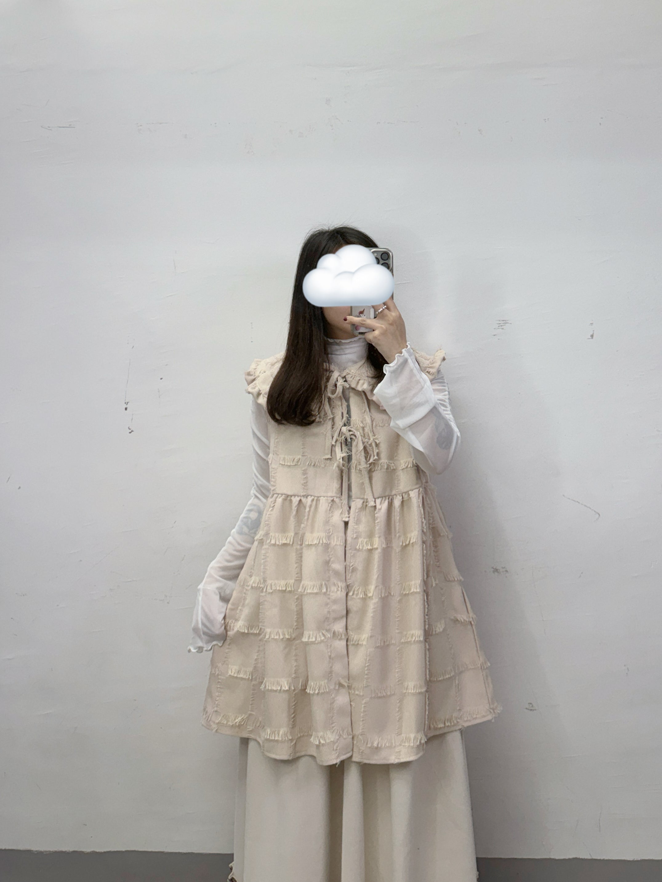 流蘇可拆娃娃領格紋外搭丨杏 黑