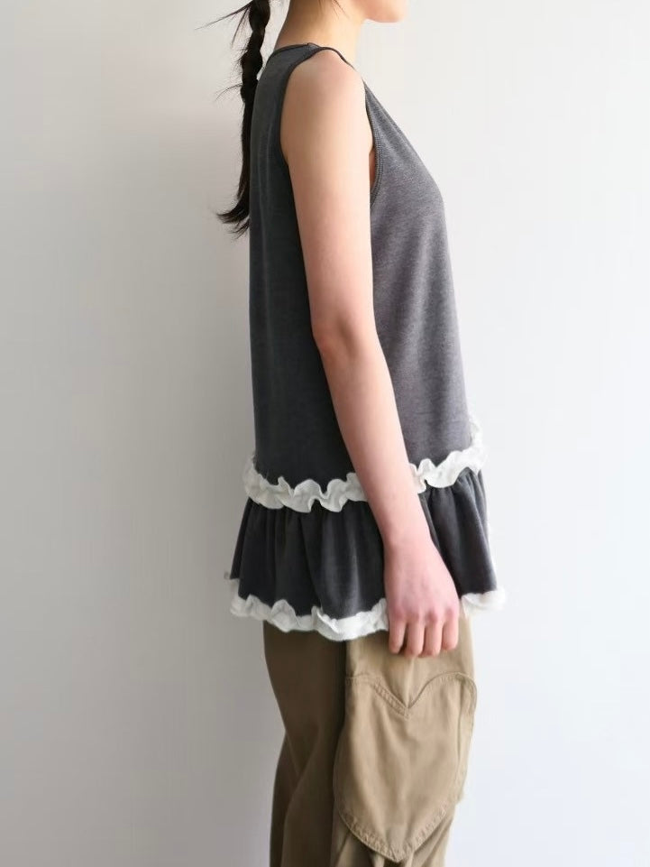 【SALE】ruffle邊棉質背心丨深綠