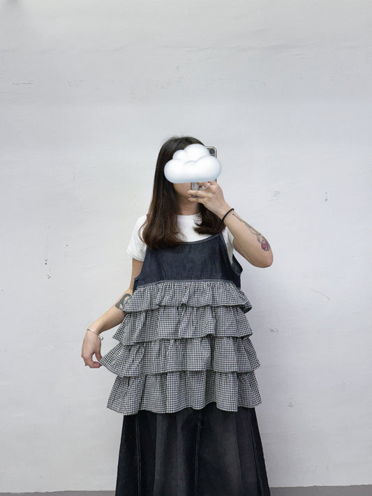 層次ruffle格紋拼牛仔外搭丨2 col