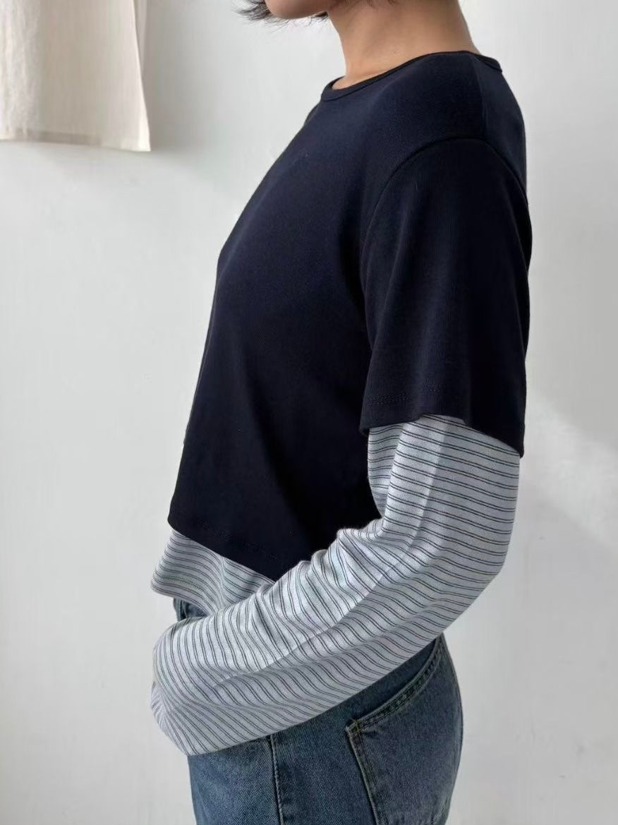 【SALE】舒服~假兩件拼條紋上衣丨3 col