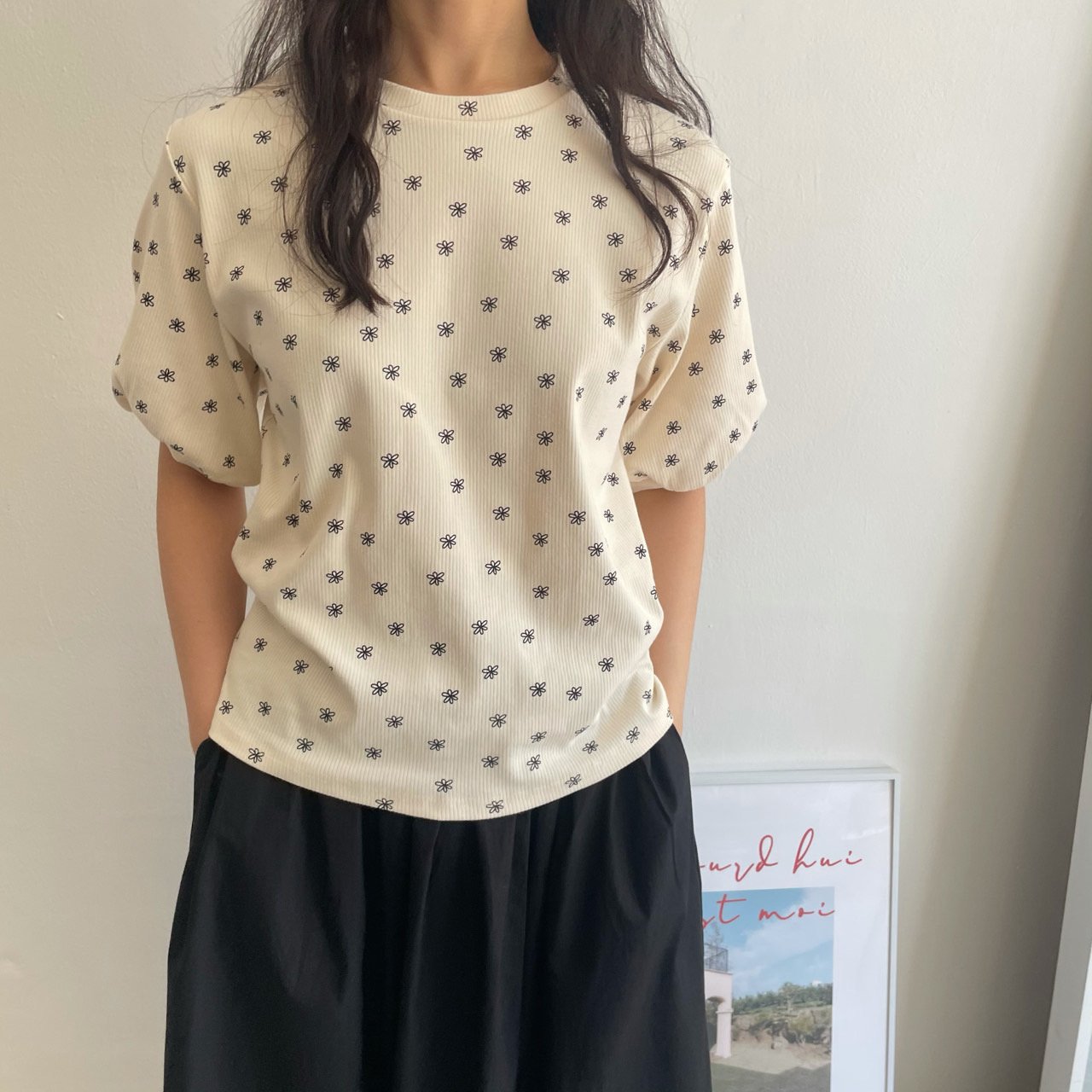 【SALE】花花紋泡泡袖top|米白