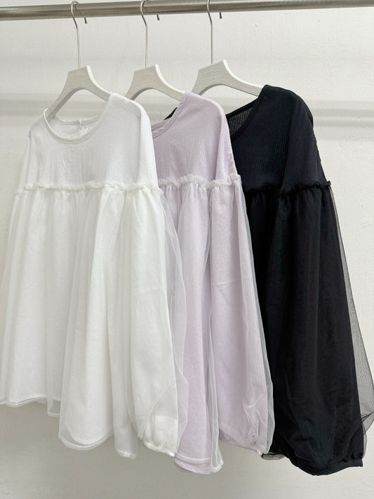 【SALE】暗條紋拼紗上衣丨3 col