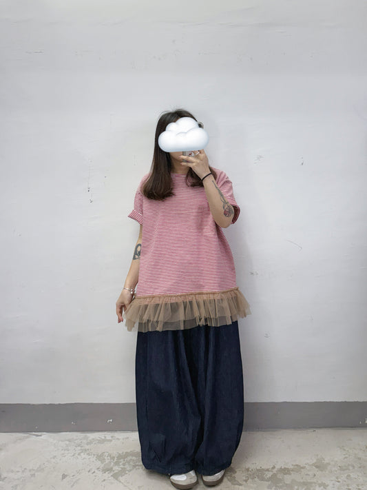 下擺拼紗條紋上衣丨3 col