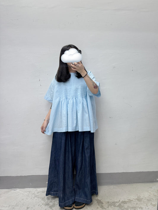 【SALE】麻質百褶紋top丨淺藍