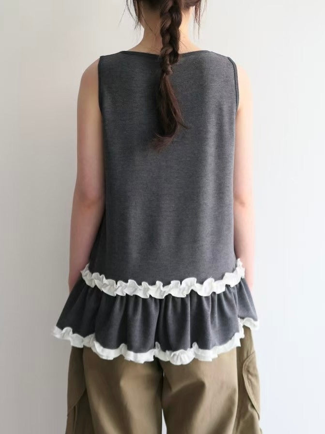 【SALE】ruffle邊棉質背心丨深綠