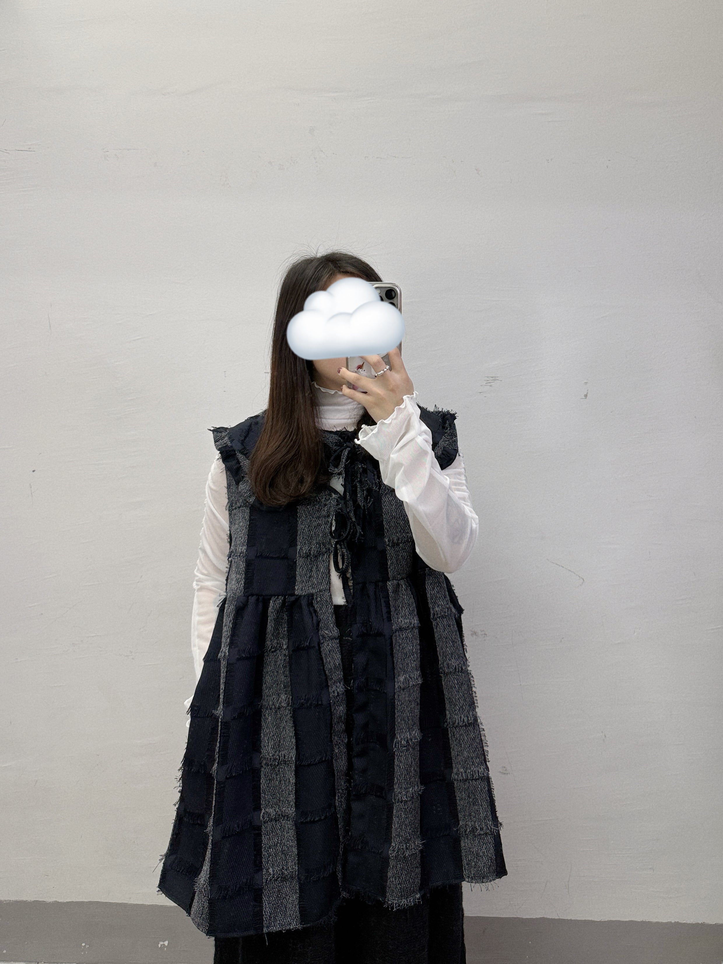 流蘇可拆娃娃領格紋外搭丨杏 黑