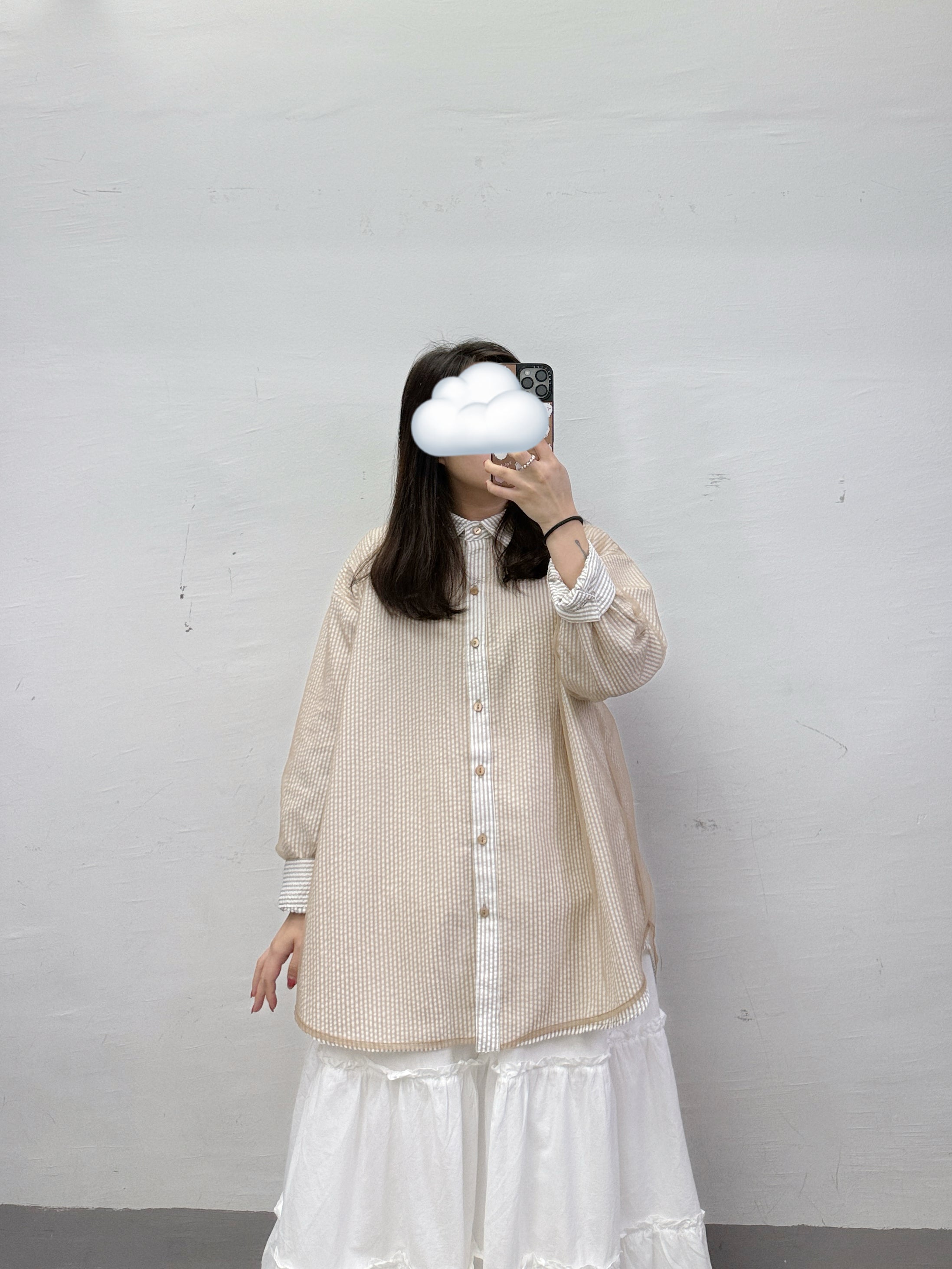 【SALE】條紋拼紗反領恤丨啡
