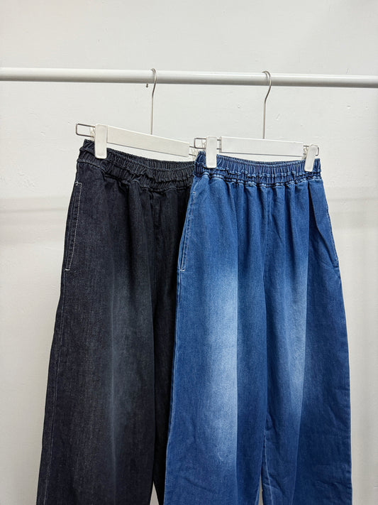 全橡筋腰洗水色牛仔闊褲丨2 col