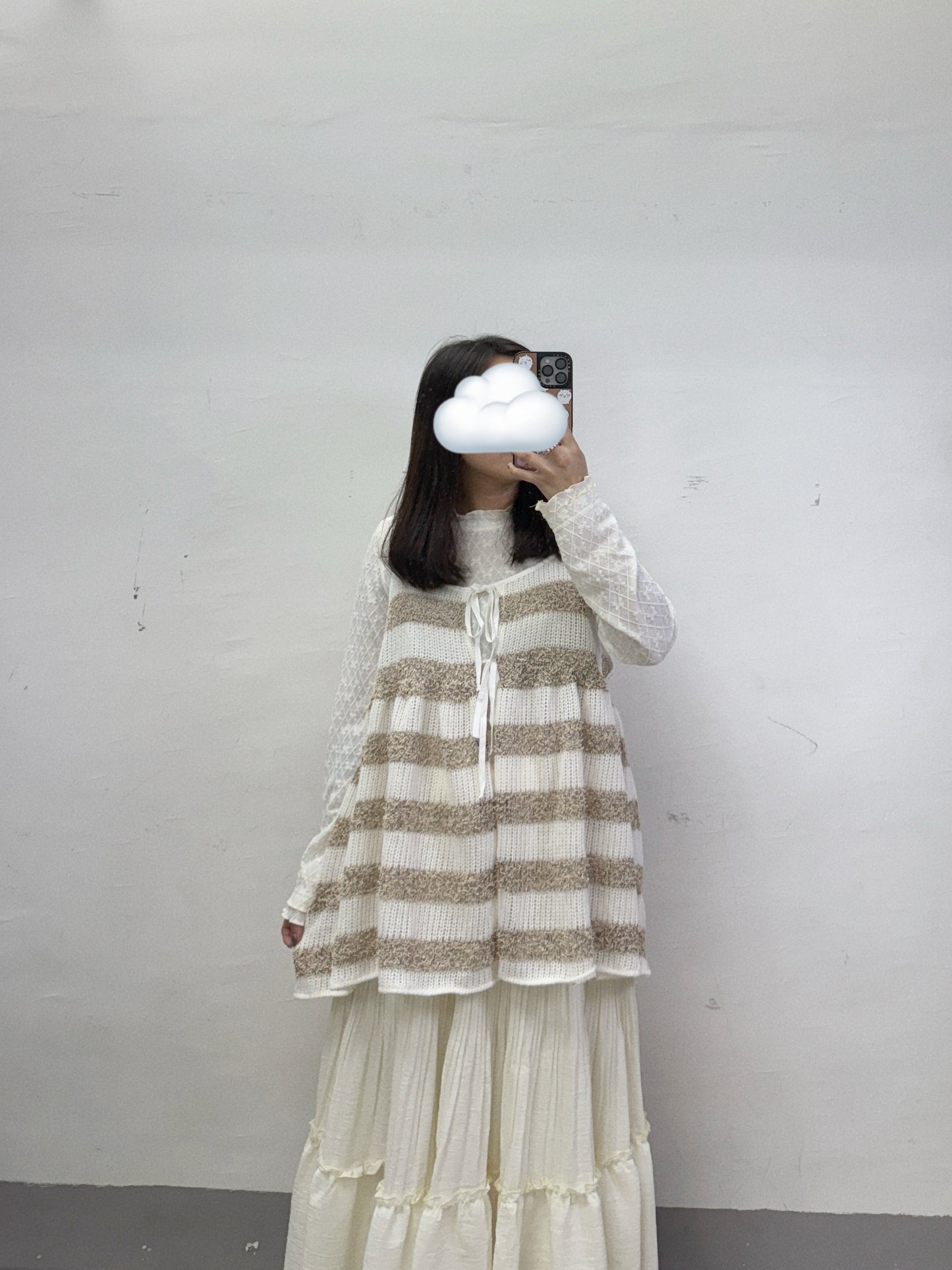 【SALE】拼色條紋針織綁帶外搭丨 啡