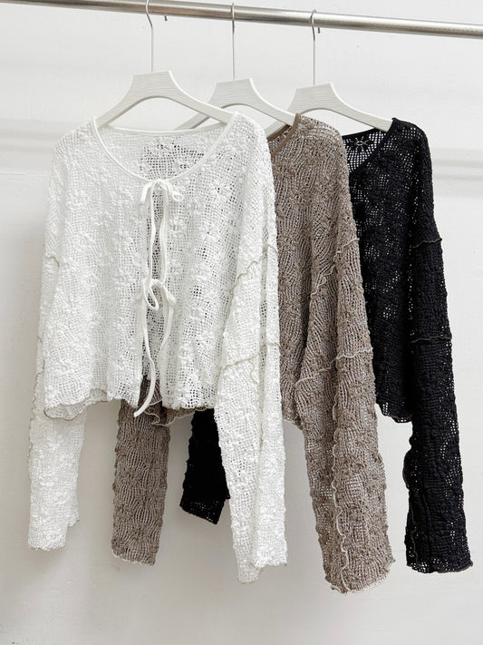 【SALE】花花紋綁帶闊袖網網外搭丨白 黑