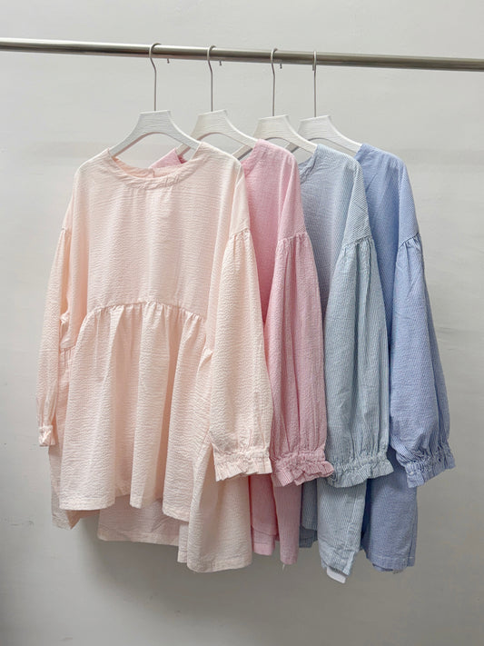 【SALE】橡筋束袖條紋娃娃上衣丨粉橙