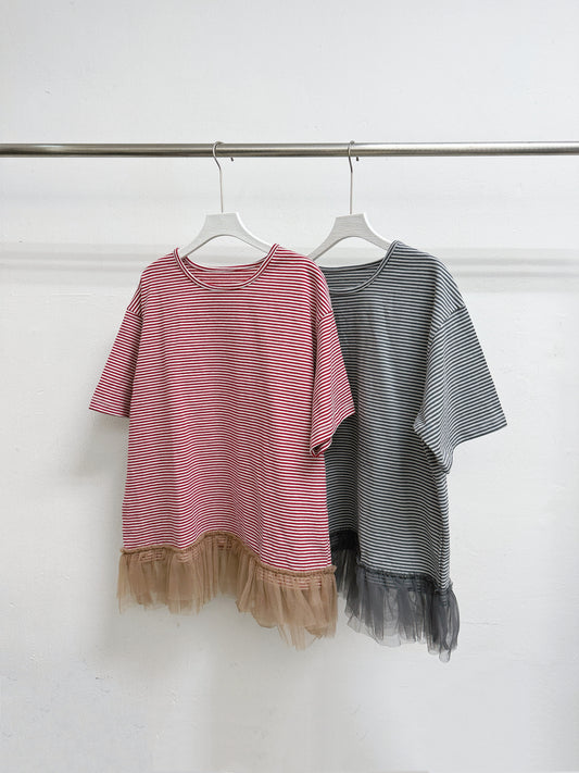 下擺拼紗條紋上衣丨3 col