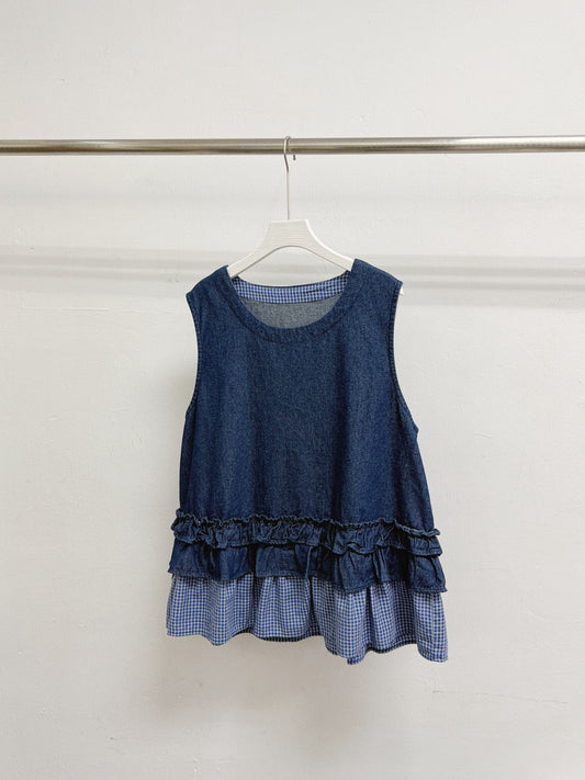 牛仔拼格紋ruffle邊背心