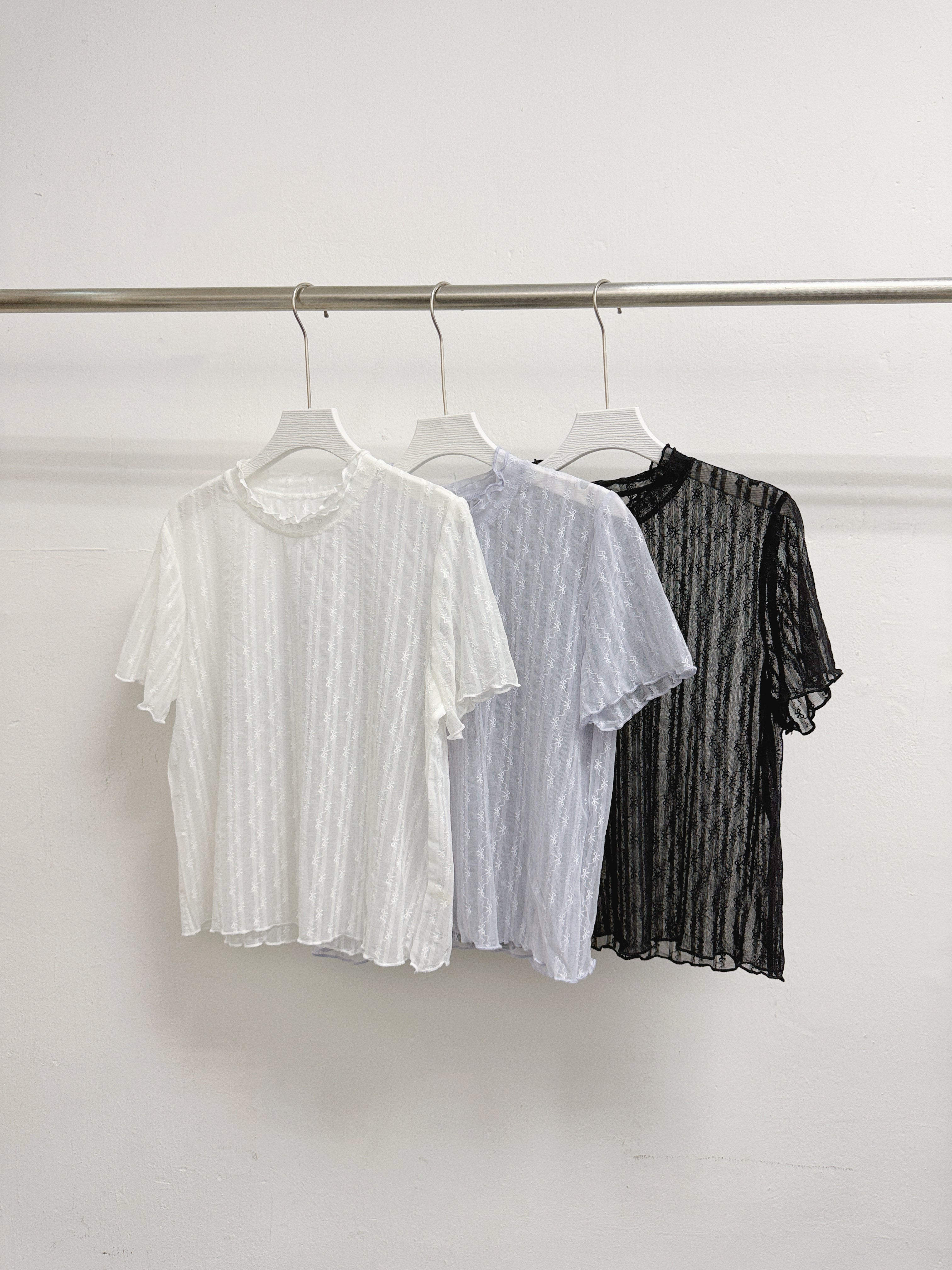 【SALE】蝴蝶暗紋ruffle領透透上衣丨黑