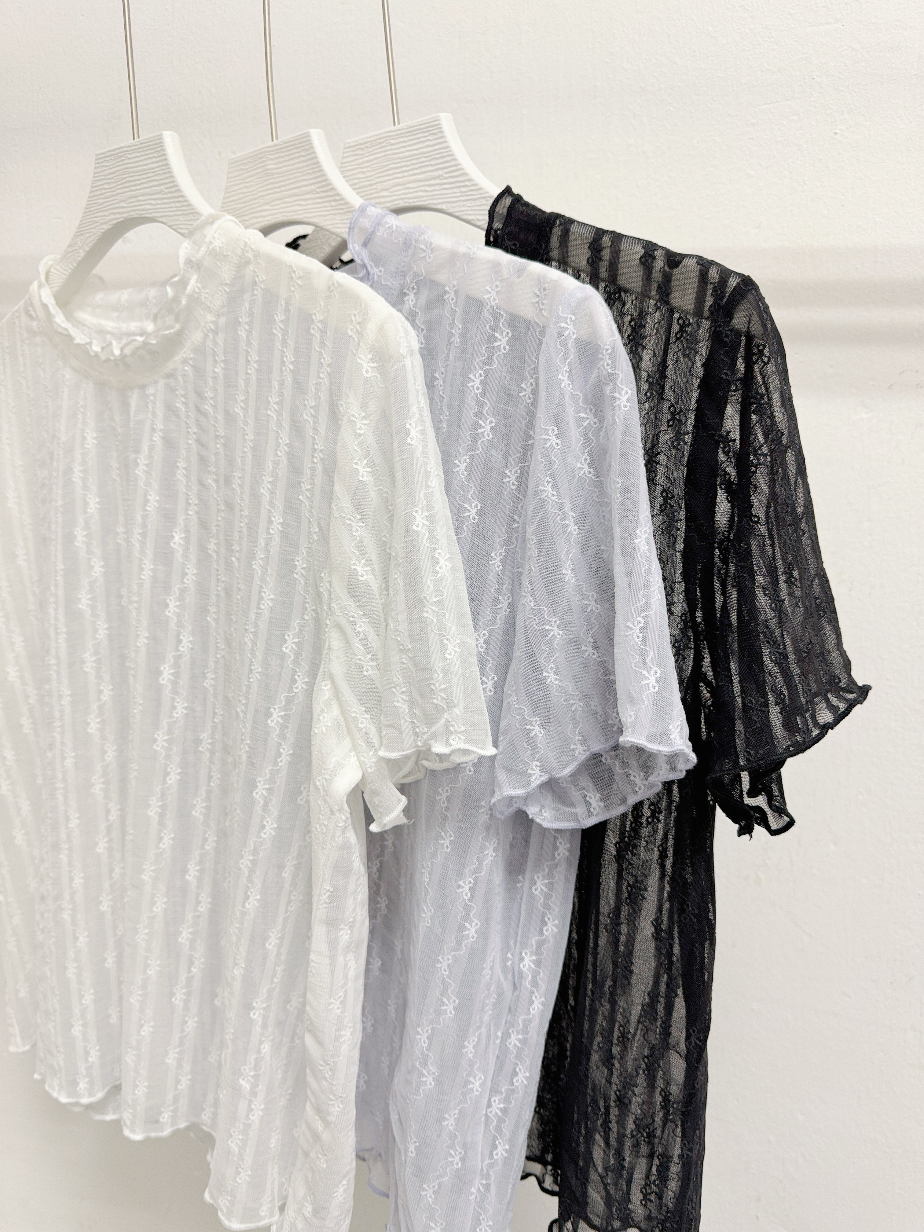 【SALE】蝴蝶暗紋ruffle領透透上衣丨黑