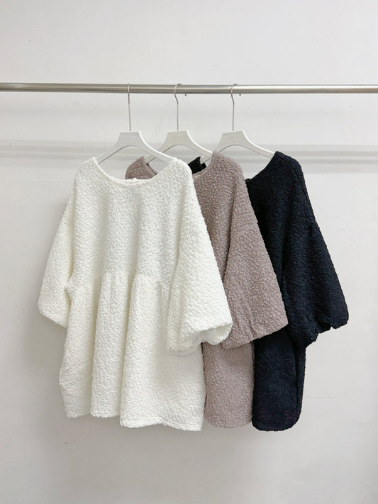 皺皺紋後綁帶泡袖上衣丨3 col