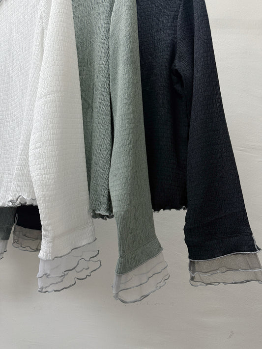 【SALE】袖口拼紗波浪領打底top丨綠