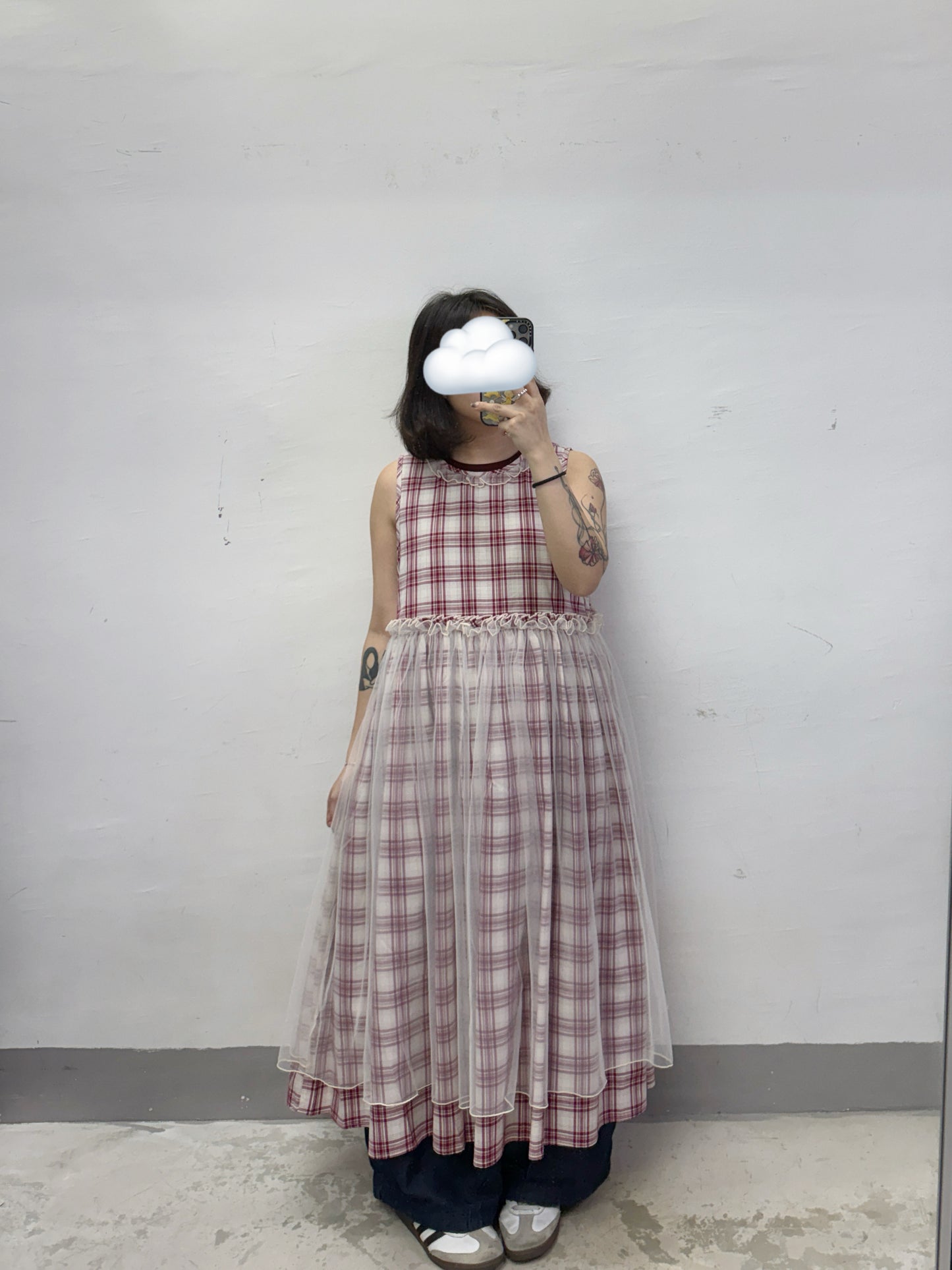 【SALE】格紋拼紗背心ops丨紅
