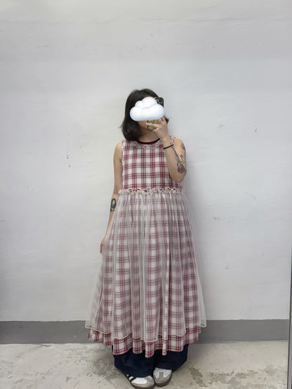 【SALE】格紋拼紗背心ops丨紅