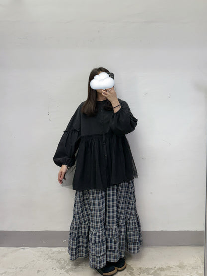 【SALE】ruffle拼紗嗦嗦料恤丨黑