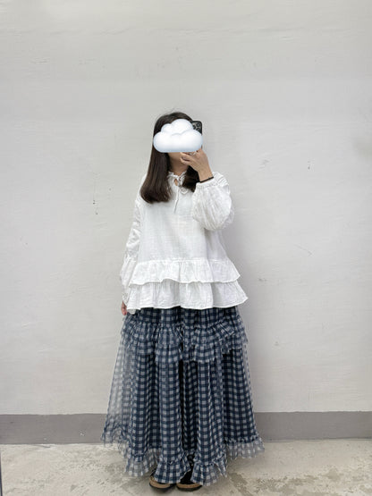 【SALE】荷葉領暗格紋雙層下擺ruffle上衣