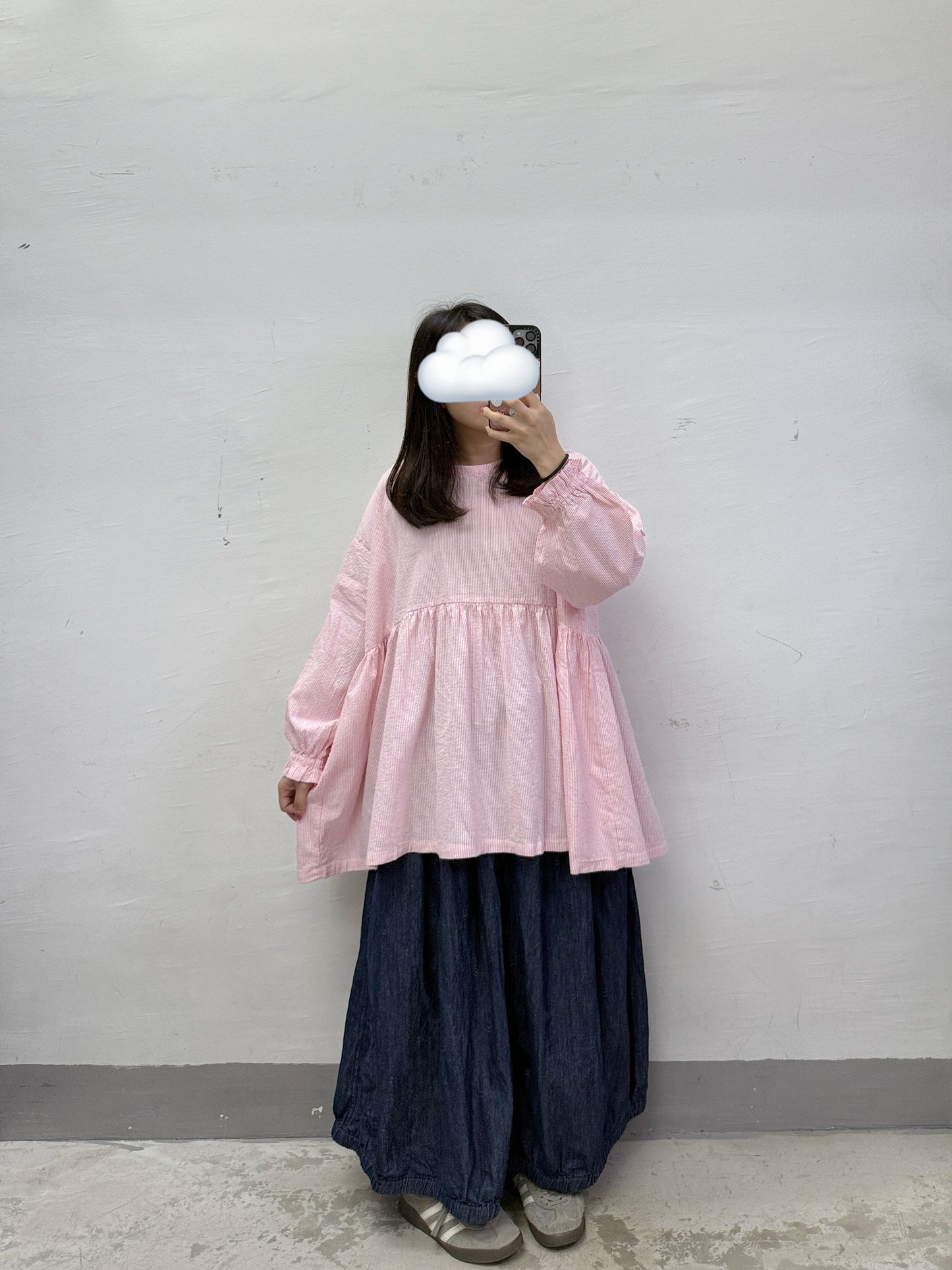 【SALE】橡筋束袖條紋娃娃上衣丨粉橙